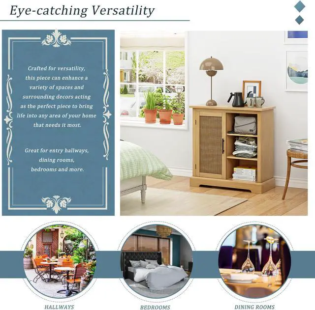 Alt view image 3 of 5 - Storage Cabinet with Decorated Rattan Door and 3 Open Shelves, Wooden Accent Cabinet, Sideboard Buffet Cabinet, Bar Cabinet for Dining Room, Living Room, Bedroom, Entryway in Brown