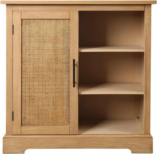 Alt view image 4 of 5 - Storage Cabinet with Decorated Rattan Door and 3 Open Shelves, Wooden Accent Cabinet, Sideboard Buffet Cabinet, Bar Cabinet for Dining Room, Living Room, Bedroom, Entryway in Brown