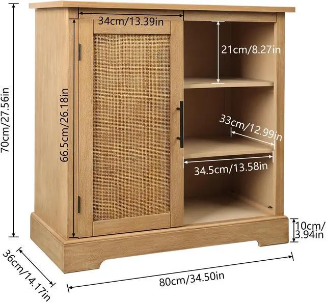 Alt view image 5 of 5 - Storage Cabinet with Decorated Rattan Door and 3 Open Shelves, Wooden Accent Cabinet, Sideboard Buffet Cabinet, Bar Cabinet for Dining Room, Living Room, Bedroom, Entryway in Brown
