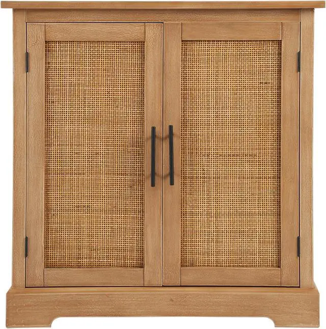 Alt view image 3 of 6 - Storage Cabinet with 2 Decorated Rattan Doors, Wooden Accent Cabinet, Sideboard Buffet Cabinet with Shelves, Bar Cabinet for Dining Room, Living Room, Bedroom, Entryway in Light Brown