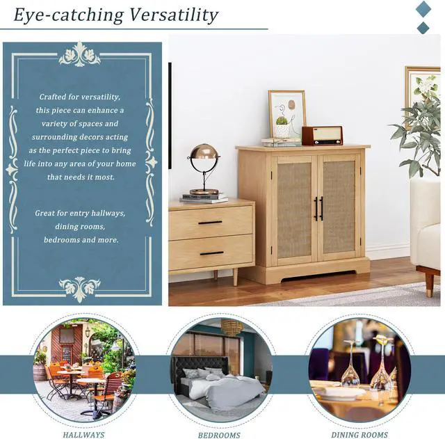 Alt view image 4 of 6 - Storage Cabinet with 2 Decorated Rattan Doors, Wooden Accent Cabinet, Sideboard Buffet Cabinet with Shelves, Bar Cabinet for Dining Room, Living Room, Bedroom, Entryway in Light Brown