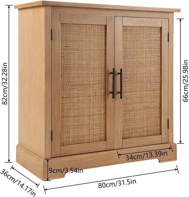 Alt view image 5 of 6 - Storage Cabinet with 2 Decorated Rattan Doors, Wooden Accent Cabinet, Sideboard Buffet Cabinet with Shelves, Bar Cabinet for Dining Room, Living Room, Bedroom, Entryway in Light Brown