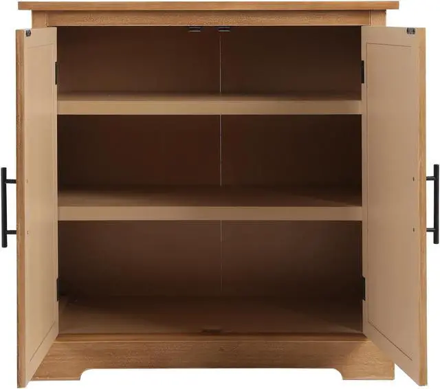 Alt view image 6 of 6 - Storage Cabinet with 2 Decorated Rattan Doors, Wooden Accent Cabinet, Sideboard Buffet Cabinet with Shelves, Bar Cabinet for Dining Room, Living Room, Bedroom, Entryway in Light Brown