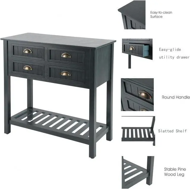 Alt view image 3 of 5 - Console Table, Narrow Console Sofa Table Sideboard with 4 Drawers and Lower Shelf, Teal