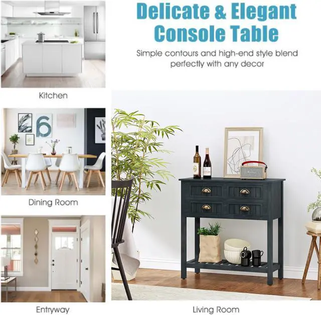 Alt view image 4 of 5 - Console Table, Narrow Console Sofa Table Sideboard with 4 Drawers and Lower Shelf, Teal