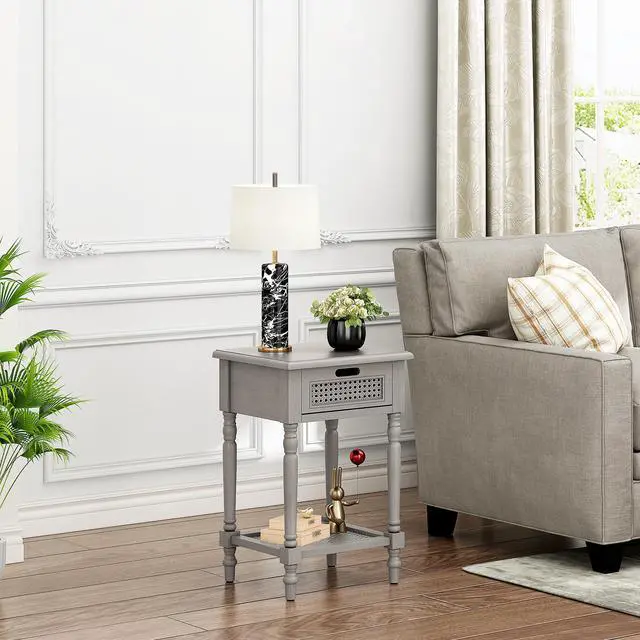 Main image of End Table and Nightstand with Rattan Drawer, Side Table with Drawer and Storage Shelf, Night Stand for Bedroom, Hallway, Living Room and Bathroom, Grey