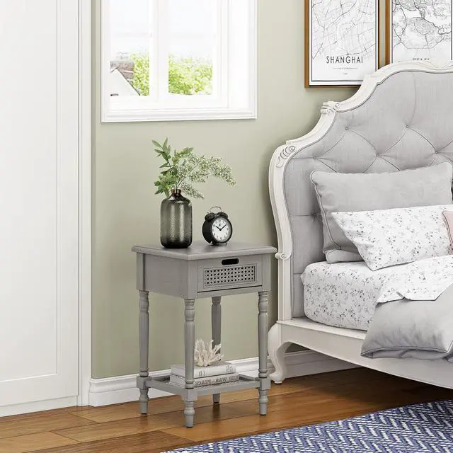 Alt view image 3 of 5 - End Table and Nightstand with Rattan Drawer, Side Table with Drawer and Storage Shelf, Night Stand for Bedroom, Hallway, Living Room and Bathroom, Grey