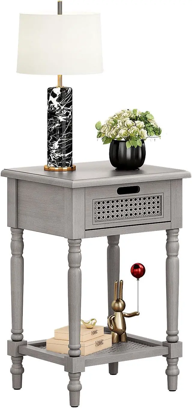 Alt view image 4 of 5 - End Table and Nightstand with Rattan Drawer, Side Table with Drawer and Storage Shelf, Night Stand for Bedroom, Hallway, Living Room and Bathroom, Grey