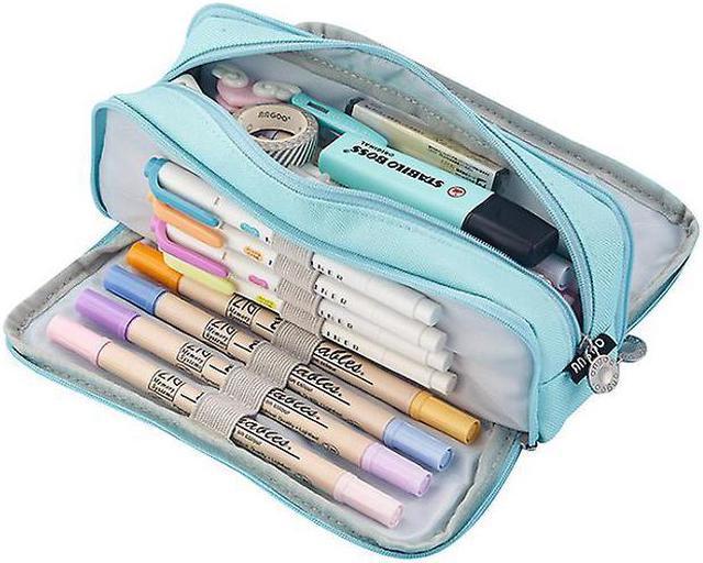 Gemdeck Large Pencil Case Big Capacity 3 Compartments Canvas Pencil Pouch  For Students blue 