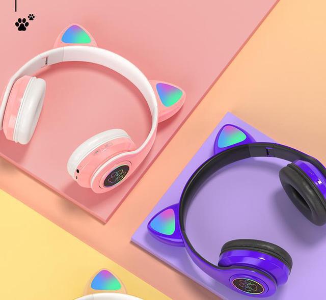 Alt view image 4 of 6 - Gemdeck Wireless Headphones Cat Ear LED Light Up Bluetooth Foldable Headphones Over Ear Microphone