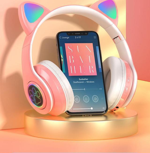 Alt view image 6 of 6 - Gemdeck Wireless Headphones Cat Ear LED Light Up Bluetooth Foldable Headphones Over Ear Microphone
