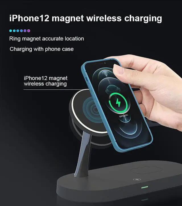 Alt view image 3 of 7 - Gemdeck Mag Safe Charger with Stand, Magnetic iPhone Charger, 3-in-1 Wireless Charging Station for Apple iPhone 14/13/12 Series, iWatch Ultra/8/7/6, Airpods Pro White