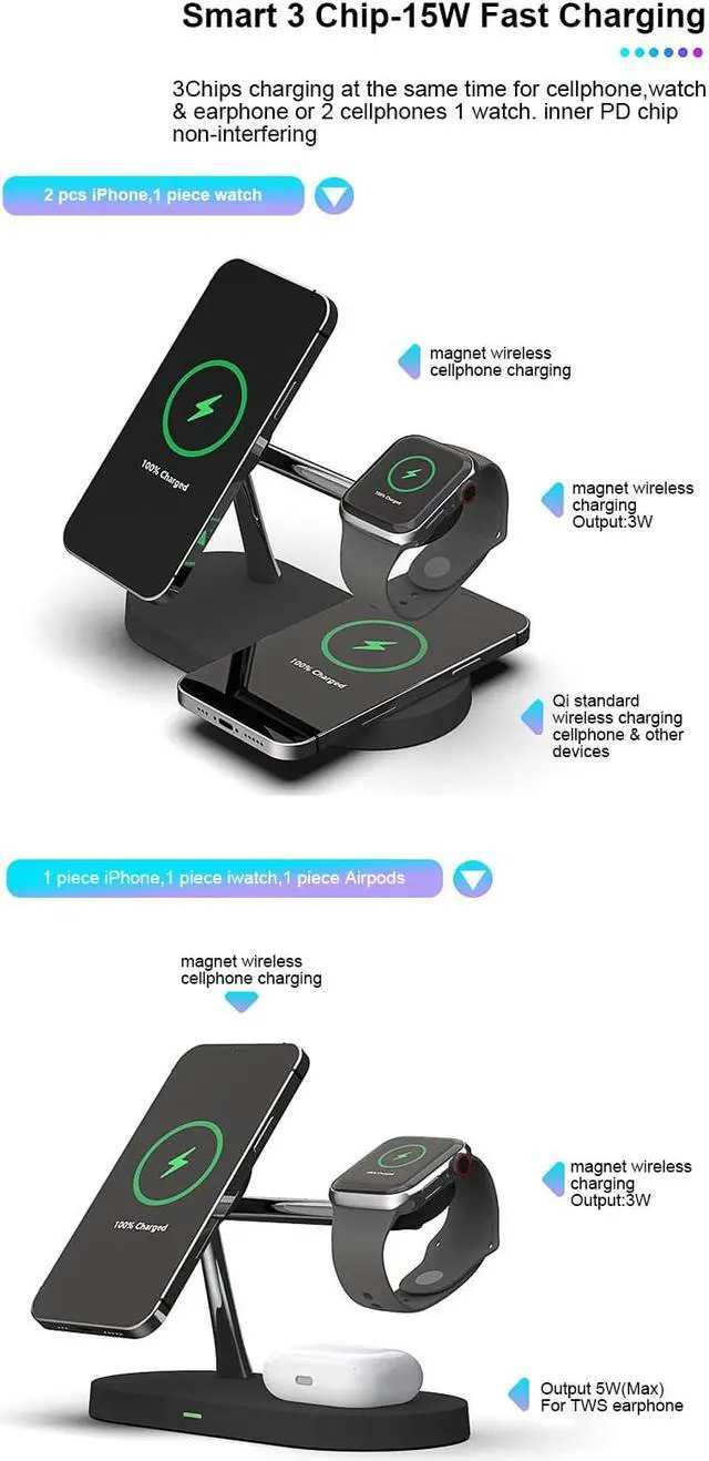Alt view image 5 of 7 - Gemdeck Mag Safe Charger with Stand, Magnetic iPhone Charger, 3-in-1 Wireless Charging Station for Apple iPhone 14/13/12 Series, iWatch Ultra/8/7/6, Airpods Pro White