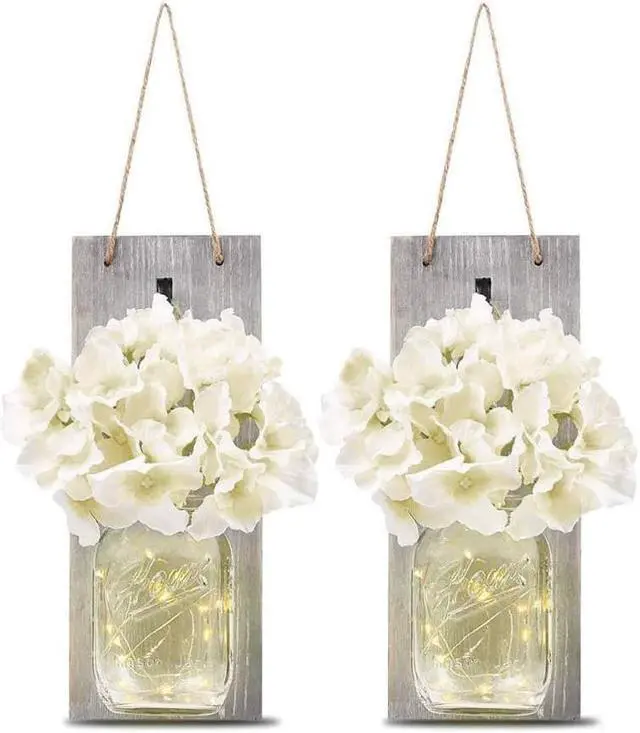 Main image of Gemdeck Hanging Lantern Mason Jar Lights Wooden Board Led Mason Jar Wall Lights