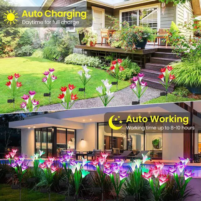 Alt view image 4 of 6 - Gemdeck 4 Pack Outdoor Solar Garden Bigger Lily Flowers  Lights, Waterproof 7 Color Changing Lights Garden Decoration