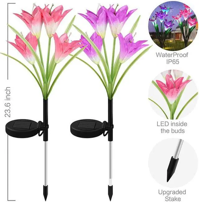 Alt view image 3 of 6 - Gemdeck 4 Pack Outdoor Solar Garden Bigger Lily Flowers  Lights, Waterproof 7 Color Changing Lights Garden Decoration