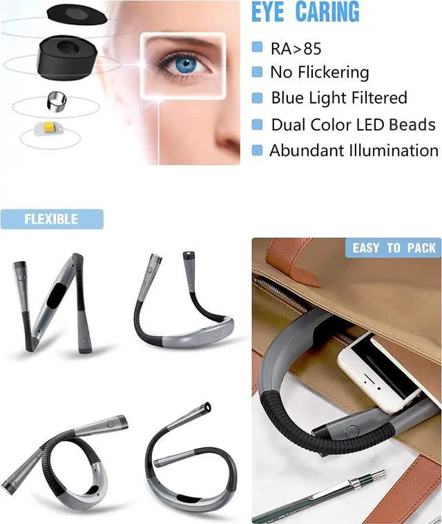 Alt view image 2 of 6 - Gemdeck LED Neck Reading Light, Bendable Book Light for Reading in Bed, 3 Colors, 6 Brightness Levels