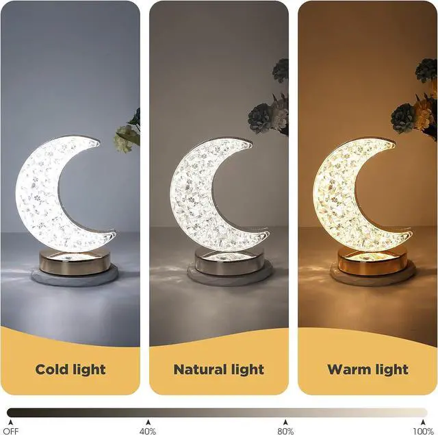 Alt view image 3 of 5 - Gemdeck Crystal Moon Table Lamp, Touch Nightstand Lamp for Bedroom, 3 Colors Modes, Moon Night Light