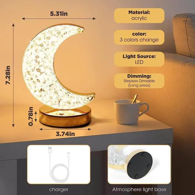 Alt view image 2 of 5 - Gemdeck Crystal Moon Table Lamp, Touch Nightstand Lamp for Bedroom, 3 Colors Modes, Moon Night Light