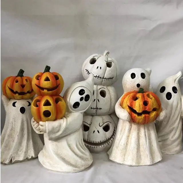 Alt view image 5 of 5 - Gemdeck Halloween Decor Ghost With Pumpkin Light Up Jack-o'-lantern Ceramic Pumpkin Light B