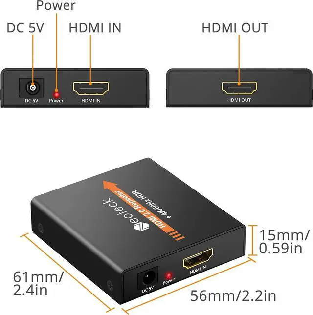 Alt view image 3 of 6 - Neoteck HDMI 2.0 Repeater 4K 2160P 3D HDMI Signal Amplifier Repeater Boost Up to 196ft Transmission Distance Mini Size Metal Shell for PC DVD Sky HD Box PS3 PS4 Satellite Box
