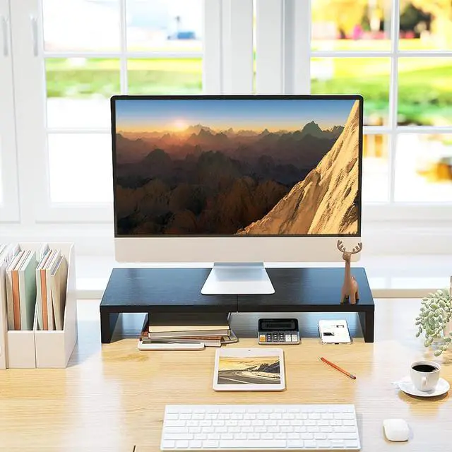 Alt view image 2 of 7 - TEAMIX 20 Inch Monitor Stand Riser for Desk, Wood Computer Stand, Black | Fits Laptop, Printer, TV, PC Tower, Full Keyboard Storage Underneath, Ergonomic, Desk Organizer for Home Office, Gaming Setup