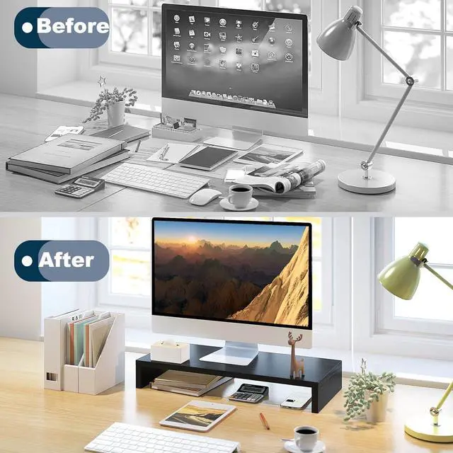 Alt view image 6 of 7 - TEAMIX 20 Inch Monitor Stand Riser for Desk, Wood Computer Stand, Black | Fits Laptop, Printer, TV, PC Tower, Full Keyboard Storage Underneath, Ergonomic, Desk Organizer for Home Office, Gaming Setup