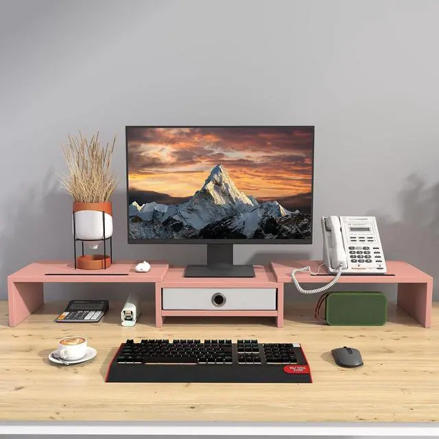 Alt view image 4 of 7 - WESTREE Dual 3 Shelf Computer Riser with Drawer, Adjustable Length and Angle, Desktop 2 Monitor Stand Storage Organizer