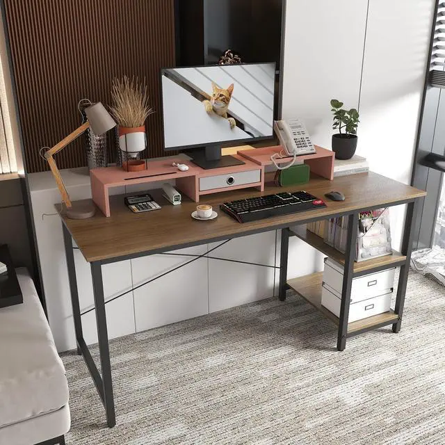 Alt view image 5 of 7 - WESTREE Dual 3 Shelf Computer Riser with Drawer, Adjustable Length and Angle, Desktop 2 Monitor Stand Storage Organizer