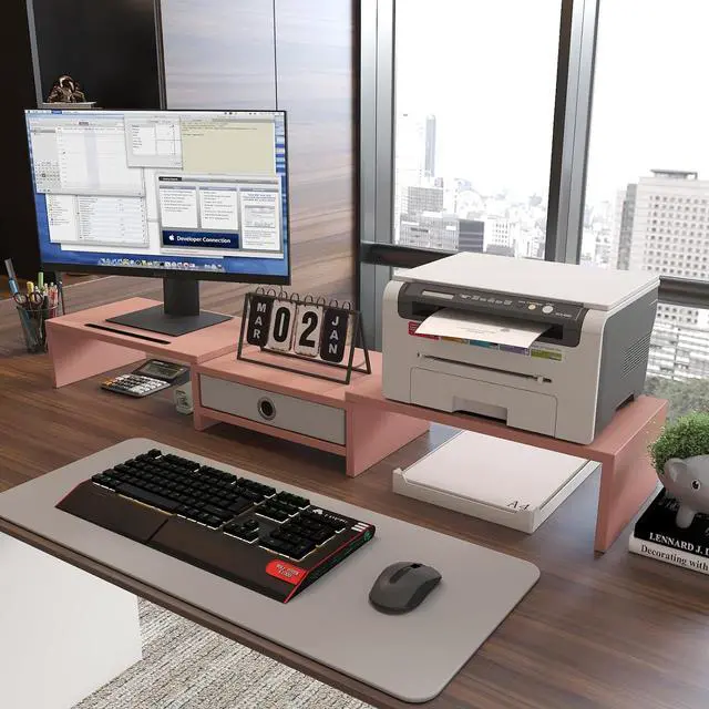 Alt view image 3 of 7 - WESTREE Dual 3 Shelf Computer Riser with Drawer, Adjustable Length and Angle, Desktop 2 Monitor Stand Storage Organizer