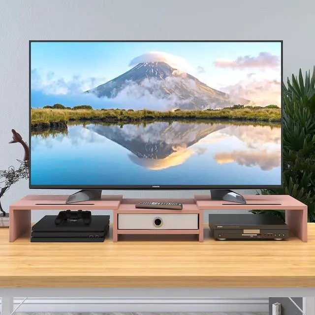 Alt view image 6 of 7 - WESTREE Dual 3 Shelf Computer Riser with Drawer, Adjustable Length and Angle, Desktop 2 Monitor Stand Storage Organizer