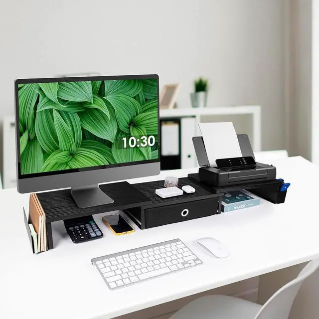 Alt view image 6 of 7 - Dual Monitor Stand Riser w/ Drawer & Metal Leg, Large Computer Monitor Riser w/ Storage For 2 Monitors, Desk Shelf For Monitor w/ Adjustable Length & Angle, Desktop Organizer For Laptop/TV/Printer
