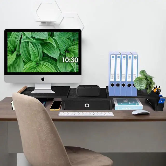 Alt view image 7 of 7 - Dual Monitor Stand Riser w/ Drawer & Metal Leg, Large Computer Monitor Riser w/ Storage For 2 Monitors, Desk Shelf For Monitor w/ Adjustable Length & Angle, Desktop Organizer For Laptop/TV/Printer