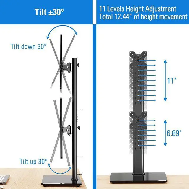 Alt view image 4 of 7 - MOUNTUP Vertical Dual Monitor Stand, Stack Two Screens up to 32 inches,17.6 Lbs, Free-Standing Monitor Desk Mount, Monitor Riser with Swivel, Tilt, Height Adjustable, VESA Stand 100 x 100mm, 75 x 75mm