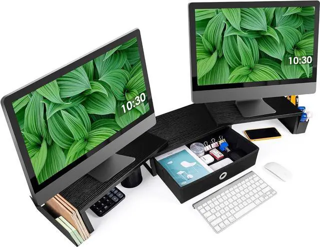 Alt view image 2 of 7 - Dual Monitor Stand Riser w/ Drawer & Metal Leg, Large Computer Monitor Riser w/ Storage For 2 Monitors, Desk Shelf For Monitor w/ Adjustable Length & Angle, Desktop Organizer For Laptop/TV/Printer