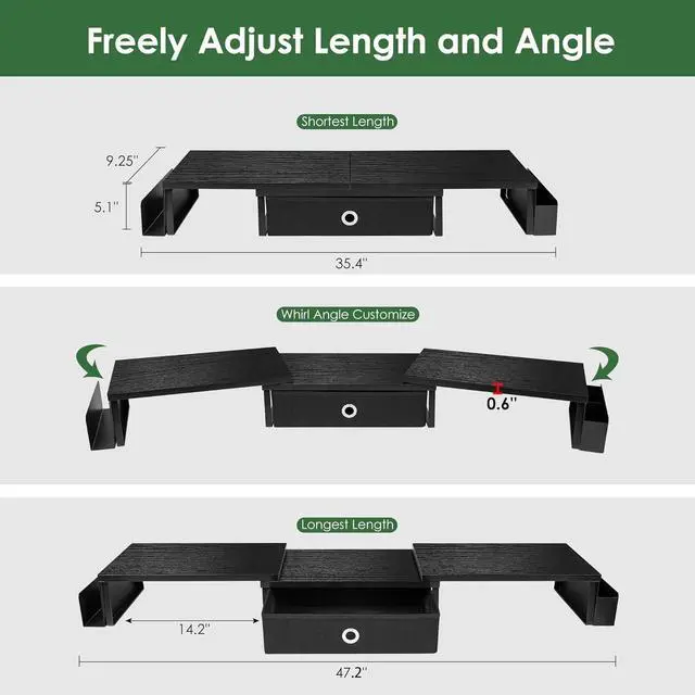 Alt view image 3 of 7 - Dual Monitor Stand Riser w/ Drawer & Metal Leg, Large Computer Monitor Riser w/ Storage For 2 Monitors, Desk Shelf For Monitor w/ Adjustable Length & Angle, Desktop Organizer For Laptop/TV/Printer