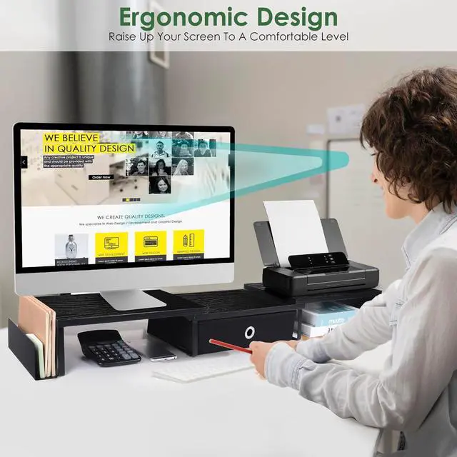 Alt view image 4 of 7 - Dual Monitor Stand Riser w/ Drawer & Metal Leg, Large Computer Monitor Riser w/ Storage For 2 Monitors, Desk Shelf For Monitor w/ Adjustable Length & Angle, Desktop Organizer For Laptop/TV/Printer