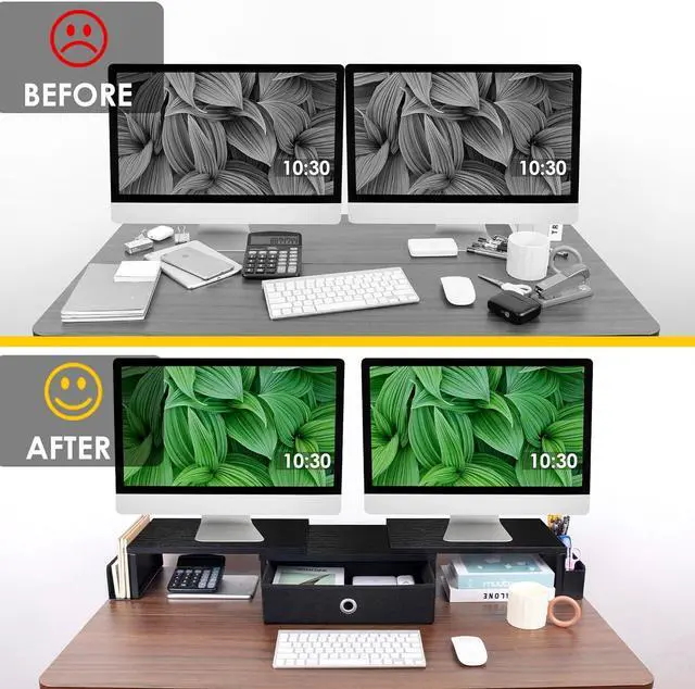 Alt view image 5 of 7 - Dual Monitor Stand Riser w/ Drawer & Metal Leg, Large Computer Monitor Riser w/ Storage For 2 Monitors, Desk Shelf For Monitor w/ Adjustable Length & Angle, Desktop Organizer For Laptop/TV/Printer