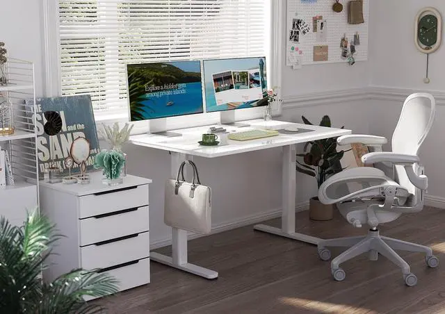 Alt view image 2 of 7 - Glass Standing Desk, Electric Standing Desk Adjustable Height, 48 Inch Adjustable Stand Up Desk, Quick Install Home Office Computer Desk, Super White