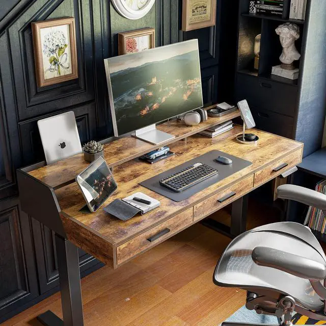 Alt view image 2 of 7 - FEZIBO Standing Desk Adjustable Height with Drawers, 48 x 24 Inches Stand Up Desk Electric Memory Computer Desk, Black Frame/Rustic Brown Top