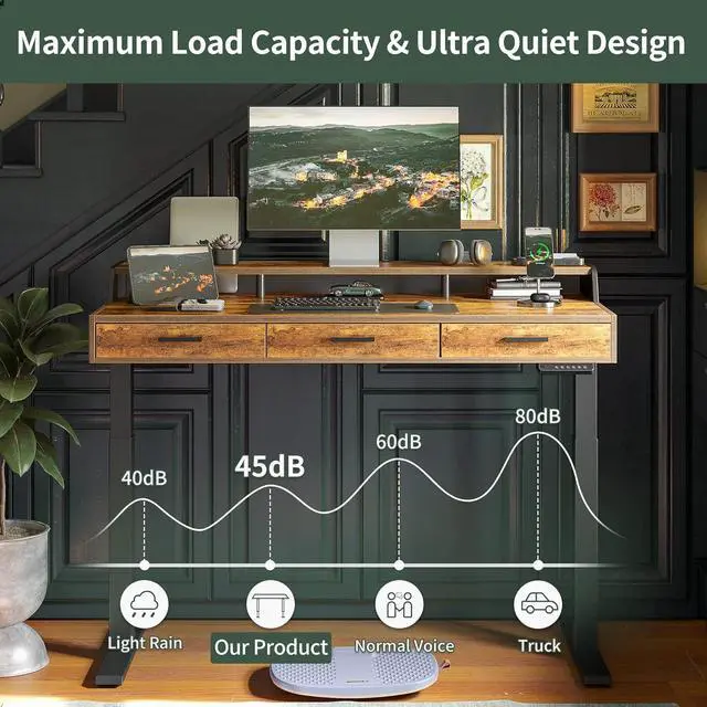 Alt view image 7 of 7 - FEZIBO Standing Desk Adjustable Height with Drawers, 48 x 24 Inches Stand Up Desk Electric Memory Computer Desk, Black Frame/Rustic Brown Top