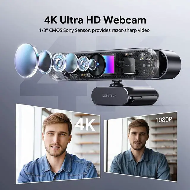 Alt view image 2 of 7 - Webcam 4K, Zoomable Webcam with Microphone and Remote, Equipped with Sony Sensor, 3X Digital Zoom, Noise-Canceling Mics, Auto-Focus Computer Camera for PC/Mac/Laptop/Zoom/Teams/OBS/Google