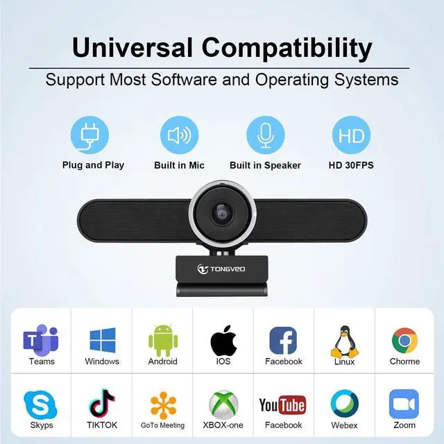 Alt view image 5 of 7 - TONGVEO Wide Angle Webcam with Microphone and Speaker, Conference Room USB 1080P Web Camera for Smart TV Computer Video Call Streaming Meeting, Works for Microsoft Teams, Zoom,PC