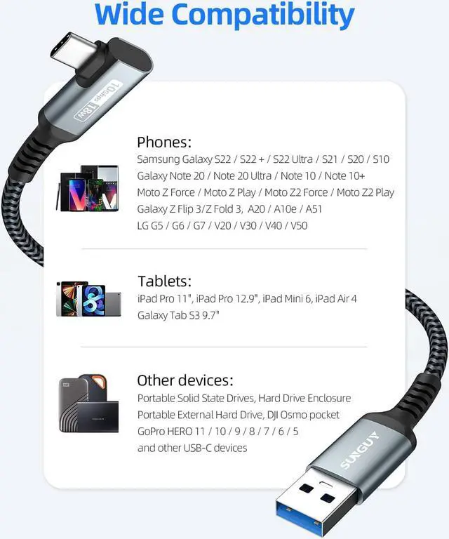 Alt view image 7 of 7 - SUNGUY 10Gbps Android Auto USB C Cable 1FT, Right Angle USB C 3.1 Gen 2 Fast Charge CarPlay Cable, Compatible with iPhone 15/15 Pro Max, Samsung T7, Galaxy S23 S22 Ultra/Note 20, SSD