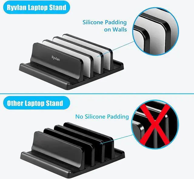 Alt view image 2 of 7 - Vertical Laptop Stand 3 Slot Adjustable Laptop Storage Rack and Desk Organizer Silicone-Padded Holder for Multiple Devices Storage Compatible Stand for Tablets and Devices up to 17 Inches