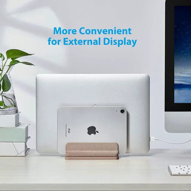 Alt view image 3 of 7 - Leather Vertical Laptop Stand Dual Laptop Holder Stand Laptop Organizer with Adjustable Dock (18-26mm/0.7-1 in) for All MacBook/Tablet/Surface//iPad (Apricot)