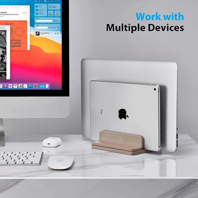 Alt view image 4 of 7 - Leather Vertical Laptop Stand Dual Laptop Holder Stand Laptop Organizer with Adjustable Dock (18-26mm/0.7-1 in) for All MacBook/Tablet/Surface//iPad (Apricot)