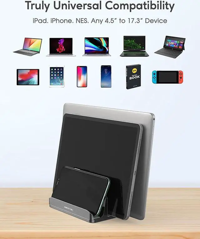 Alt view image 2 of 7 - AboveTEK Vertical Laptop Stand, 3 Slots Aluminum Desk Laptop Holder & Laptop Docking Station Stand for MacBook, Tablet, Phone - Universal Fit (Up to 17.3") - Heavy Duty Polished, Anti Slide - Grey