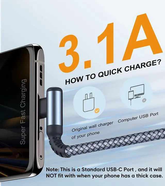 Alt view image 2 of 7 - sweguard USB Type C Charger Cable Right Angle [2-Pack,3.3FT] iPhone 16 Charger Braided Cord for iPhone 16 15 Pro Max Plus, Samsung Galaxy S25 S24 S23 S22 S21 S20 S10 S9 A15 Note Flip Pixel LG Moto PS5