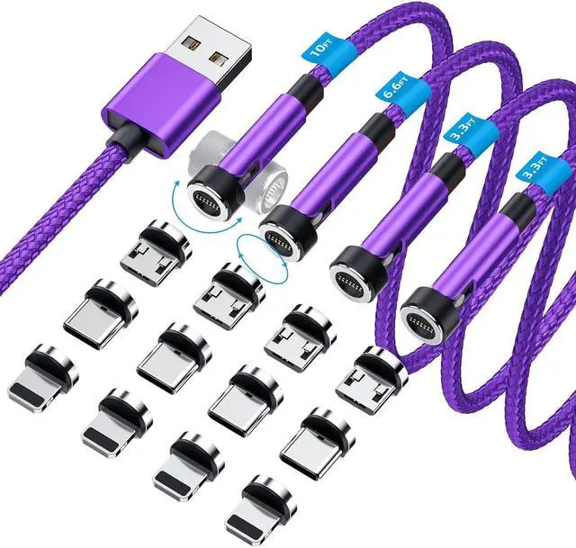 Main image of 540° Rotation Magnetic Charging Cable 3 in 1 Magnetic Phone Charger [4-Pack, 3ft/3ft/6ft/10ft] 3A Fast Charging Cable & Data Transfer USB Magnet Charger Cable for i-P/Micro USB/Type C Device-Purple